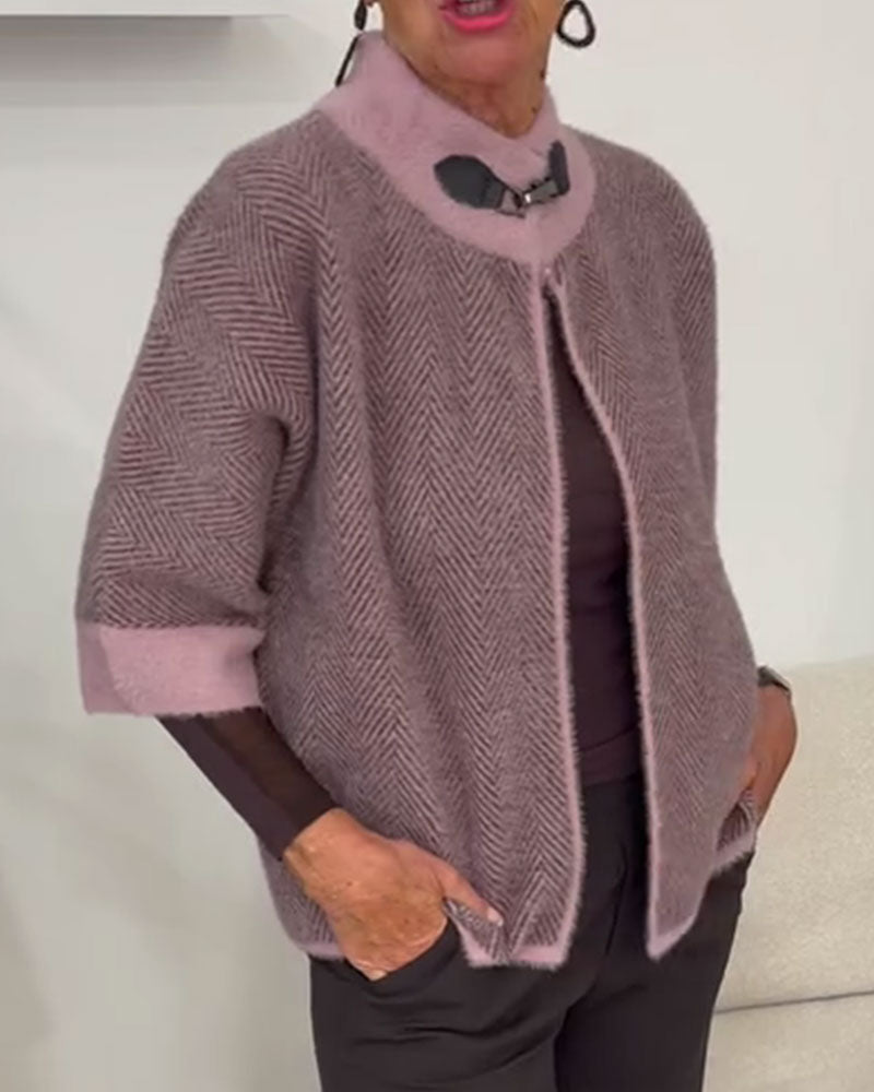 Cardigan Motif Chevron Bloc De Couleur Court Tricoté