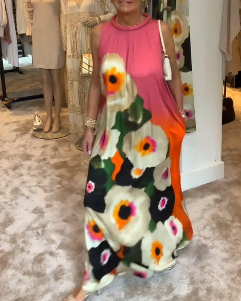 Robe longue décontractée sans manches à imprimé floral