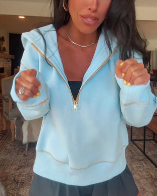 Sweat-shirt décontracté à capuche de couleur unie avec fermeture éclair