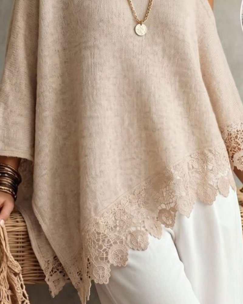 Pull Épaule Unique Bordure En Dentelle Patchwork