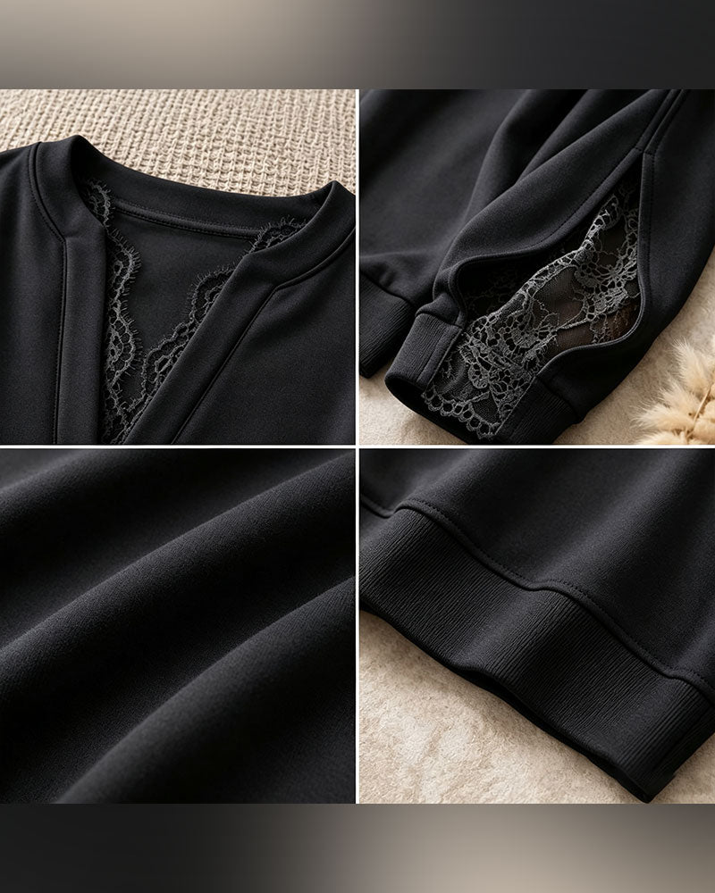Sweatshirt Col En V Fente Dentelle Patchwork