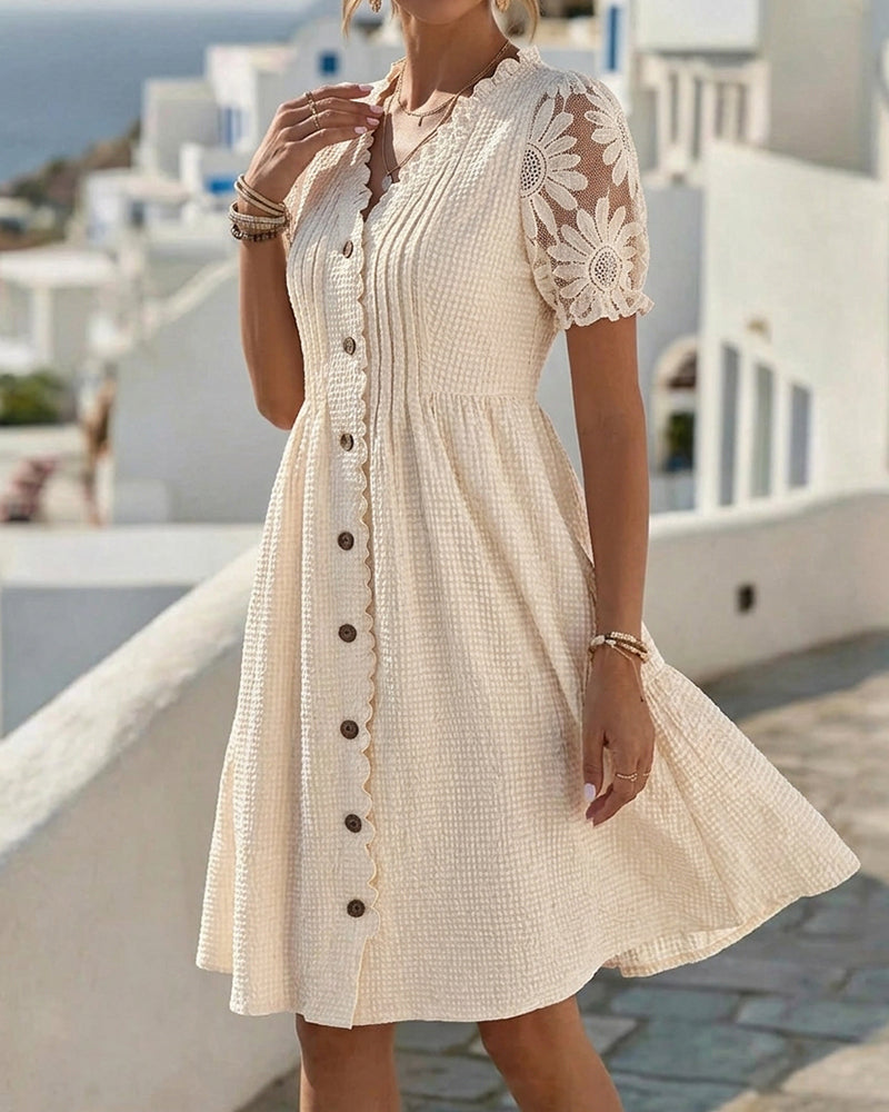 Robe Manches Ballon Tournesol Dentelle Patchwork