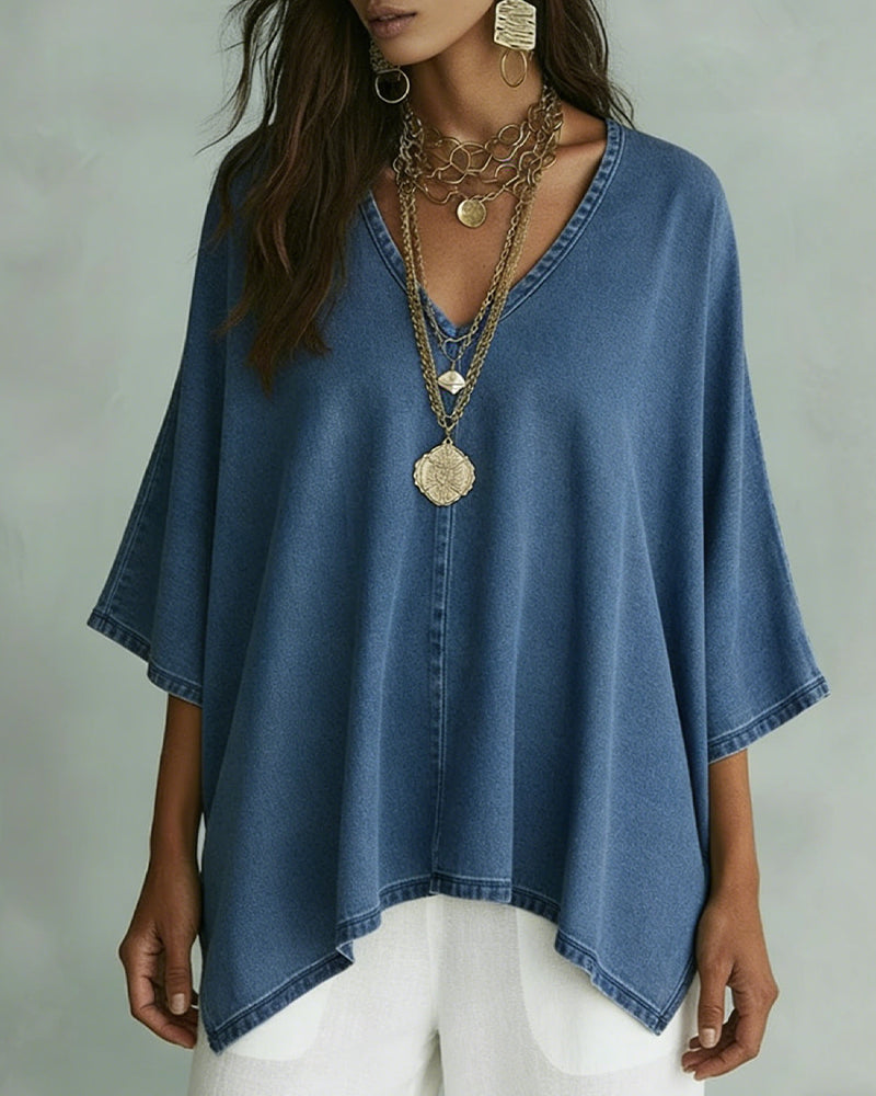 Blouse En Denim Ample À Col En V Irrégulier