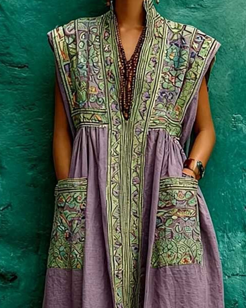 Robe Rétro Imprimé Poche Sans Manches Longue