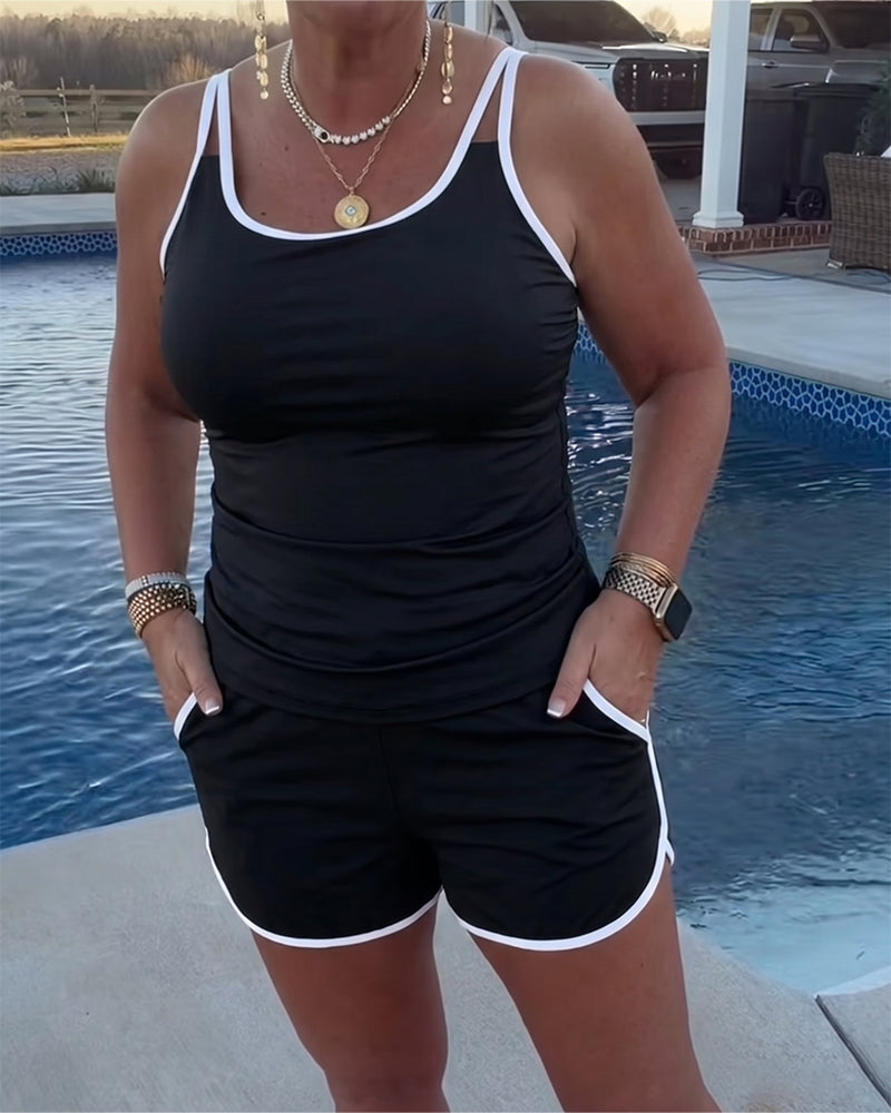 Tankini Avec Contraste De Couleur Passepoil Appliqué