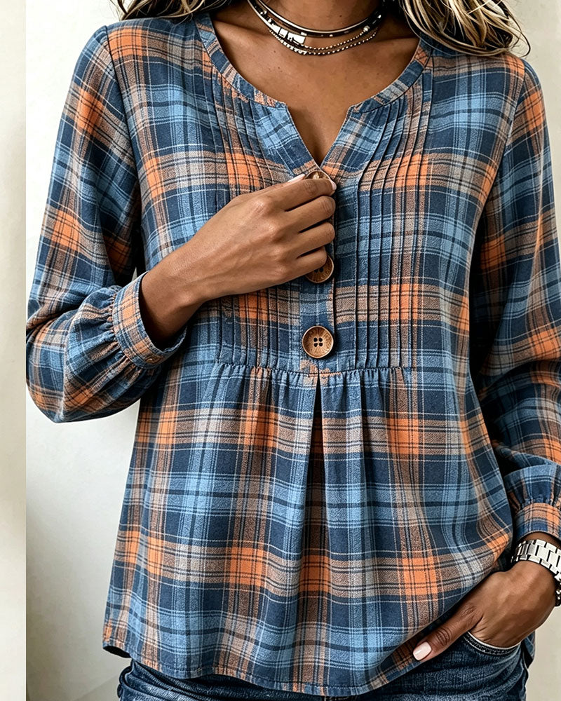 Blouse Trois-Bouton À Carreaux Manches Longues