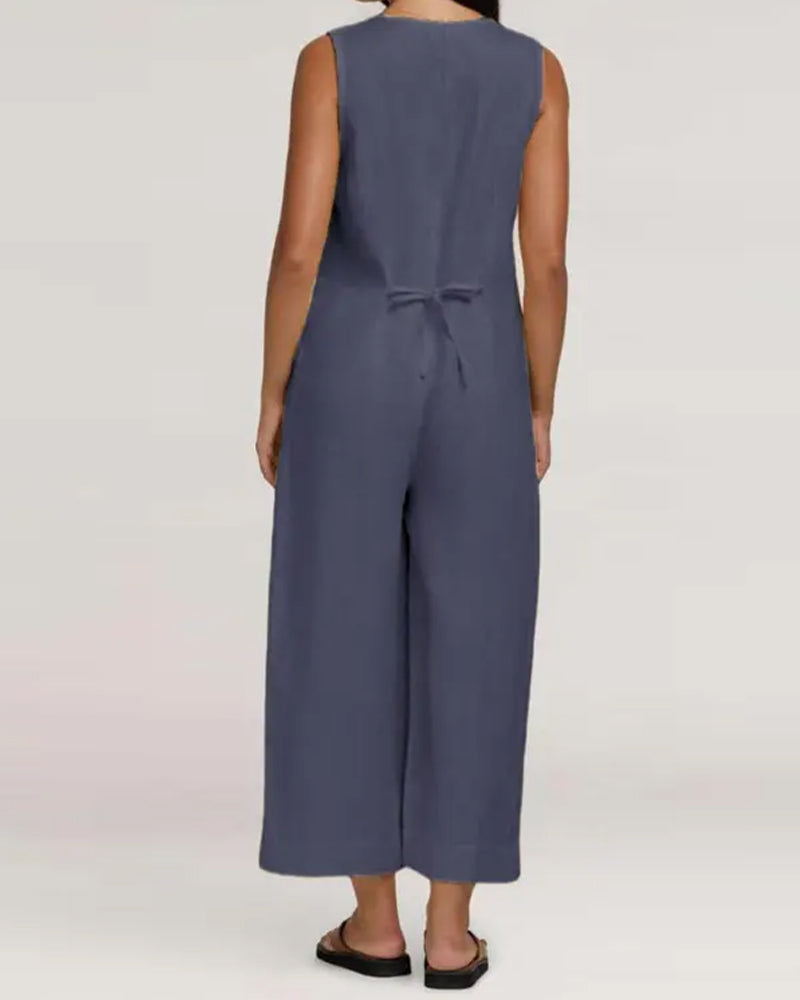 Combinaison Col En V Simple Boutonnage Sans Manches