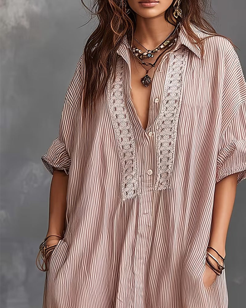 Robes Revers Rayure Patchwork Ample
