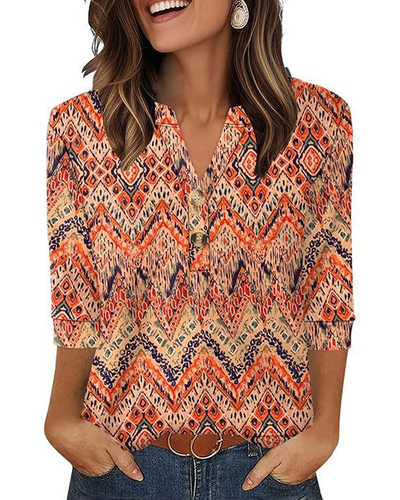 Blouse Col En V Boutonnée Manches Trois-Quarts