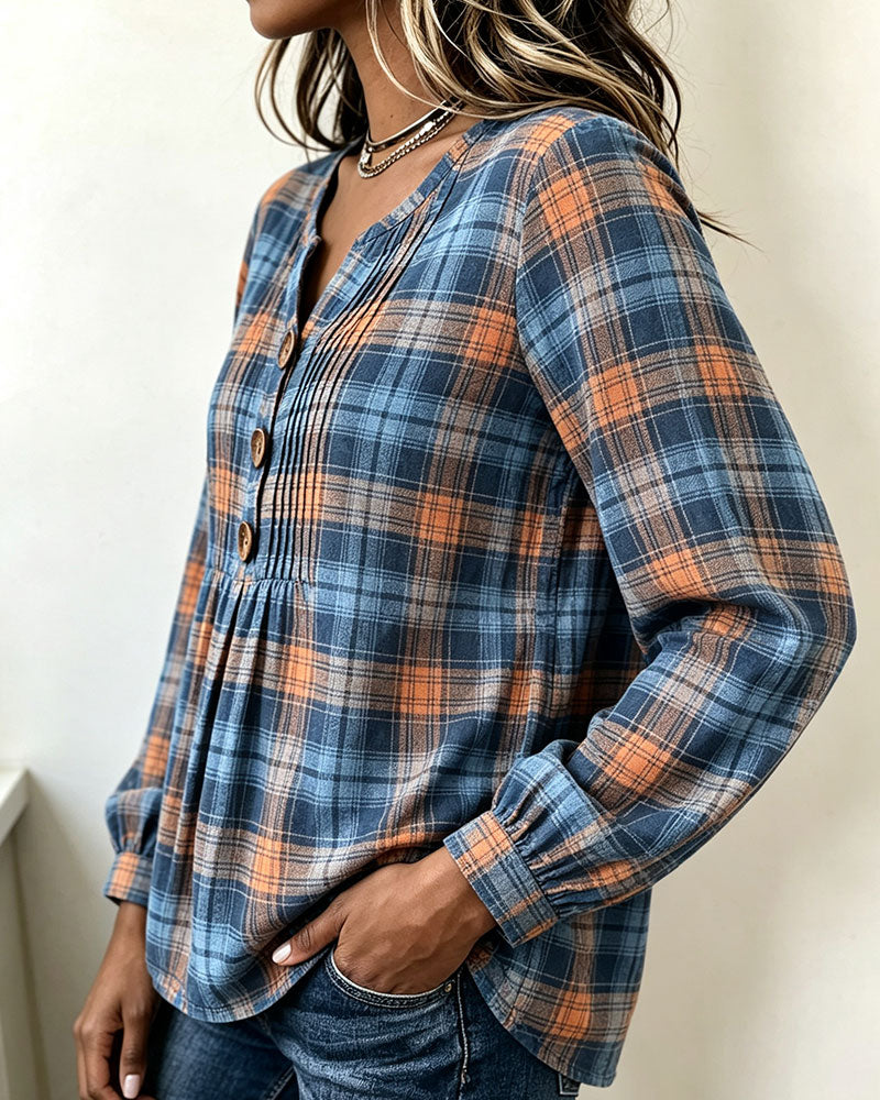 Blouse Trois-Bouton À Carreaux Manches Longues