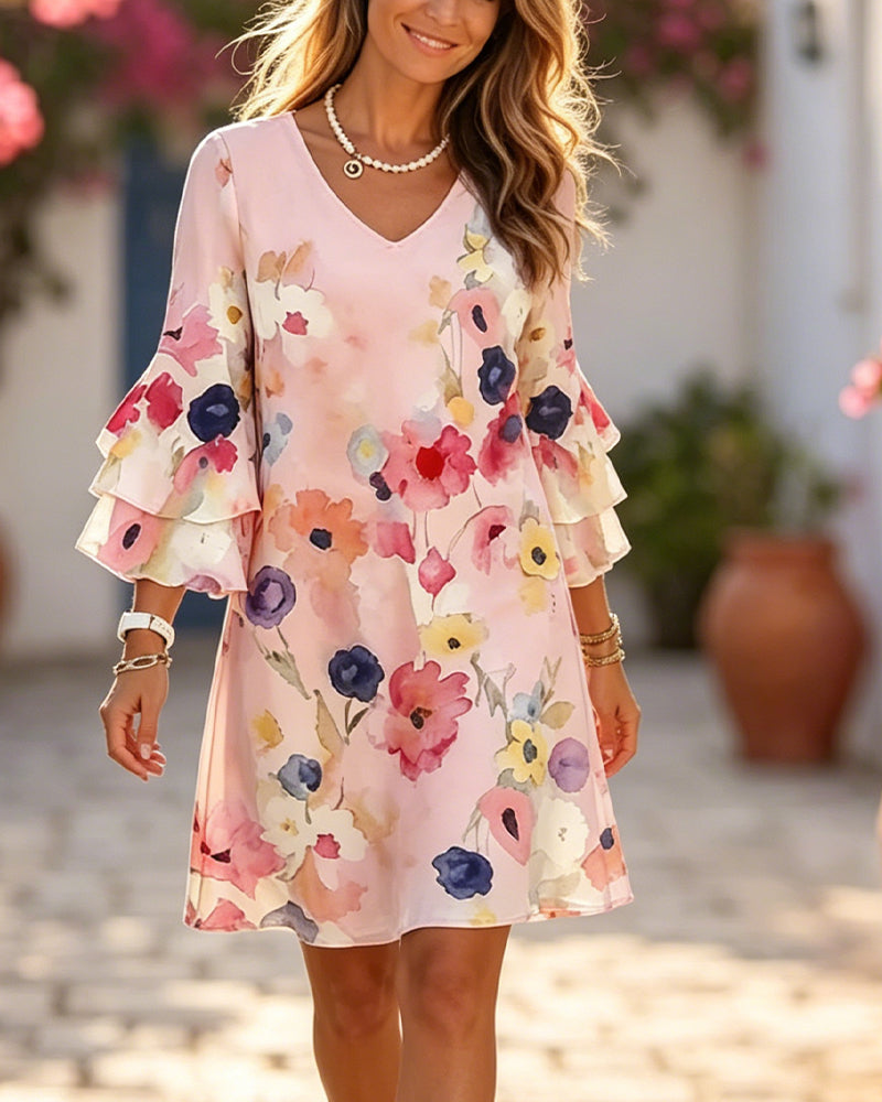 Robe Aquarelle Imprimé Manche Évasée Courte