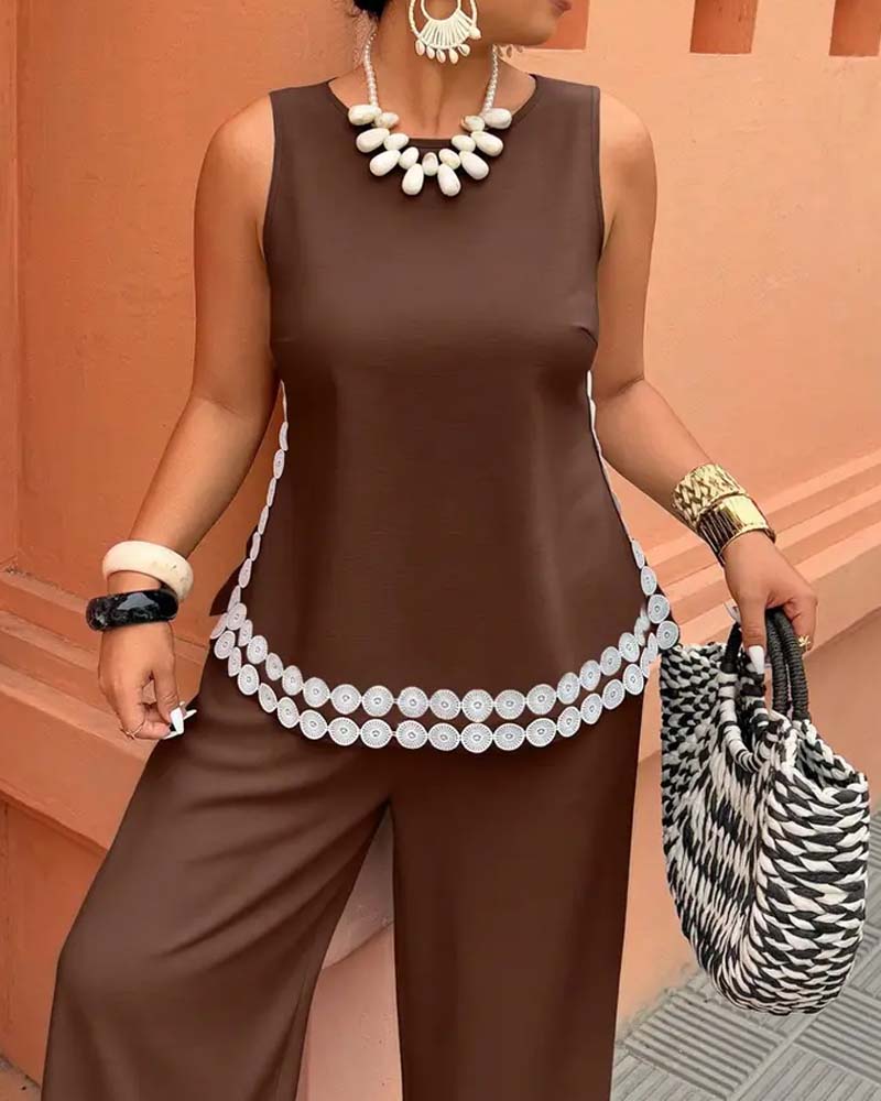 Set Haut Col Rond Sans Manches Pantalon Large Longue