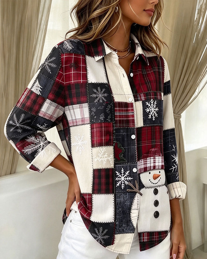 Chemise Revers Bouton À Carreaux Style Noël