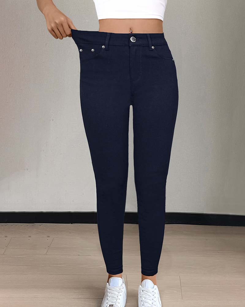 Pantalon Femmes Poche Unie Slim Décontracté