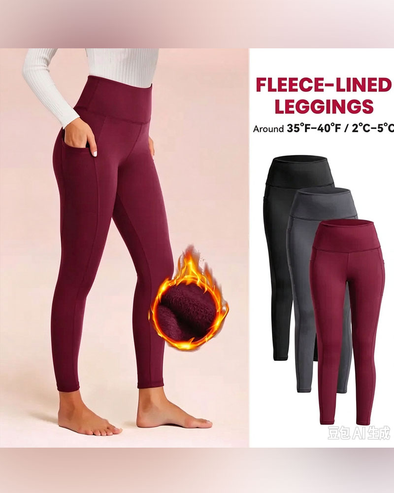 Femme Taille Haute Doublé Polaire Leggings Avec Poches