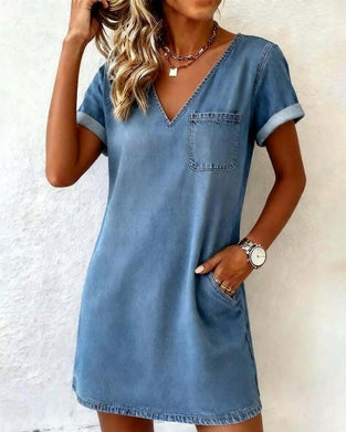 Robe Denim Col V Manches Courtes Shift