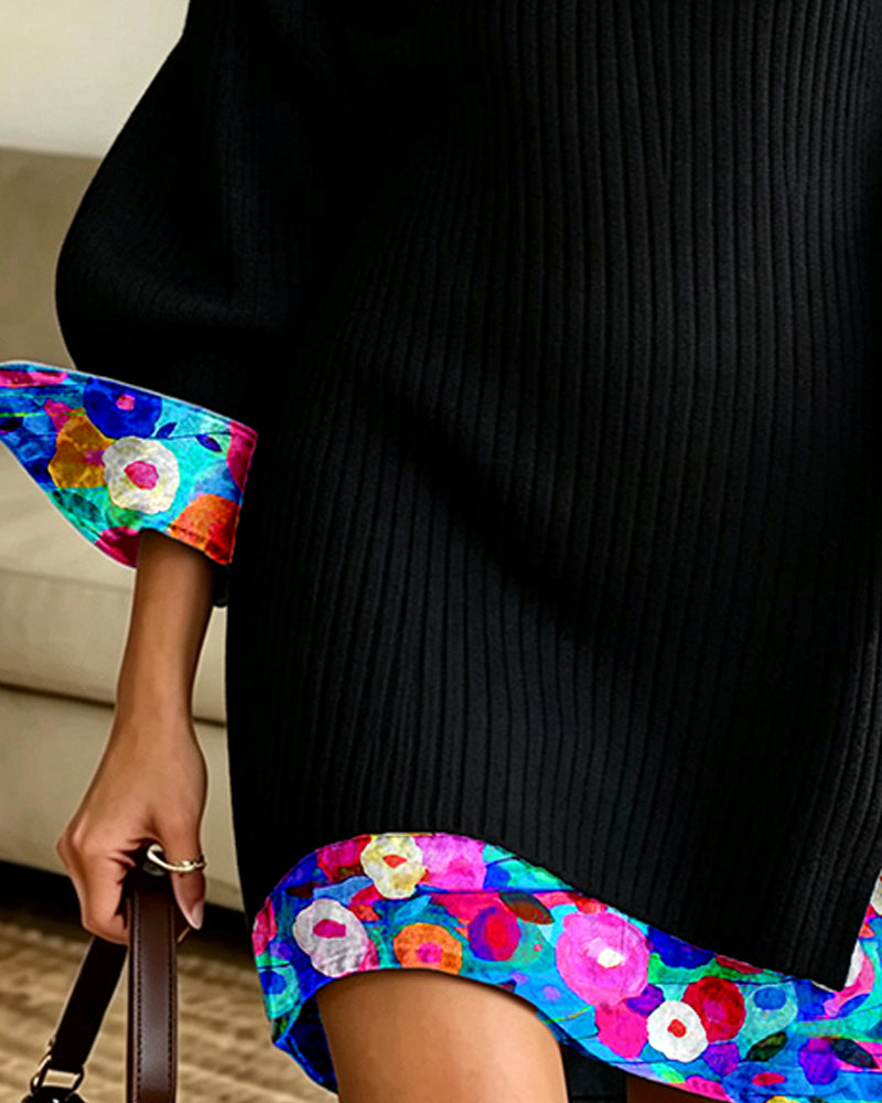 Robe Fausse Deux-Pièces Fleurie Col En V Tricotée Courte Mini