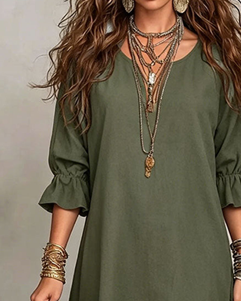 Robe Décontractée Col V Volanté Midi