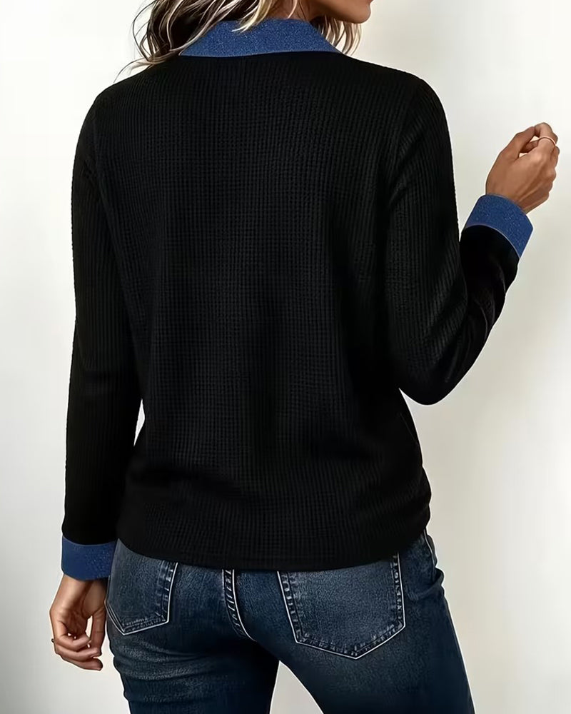 Blouse Décontractée Denim Col Panneau Manches Longues