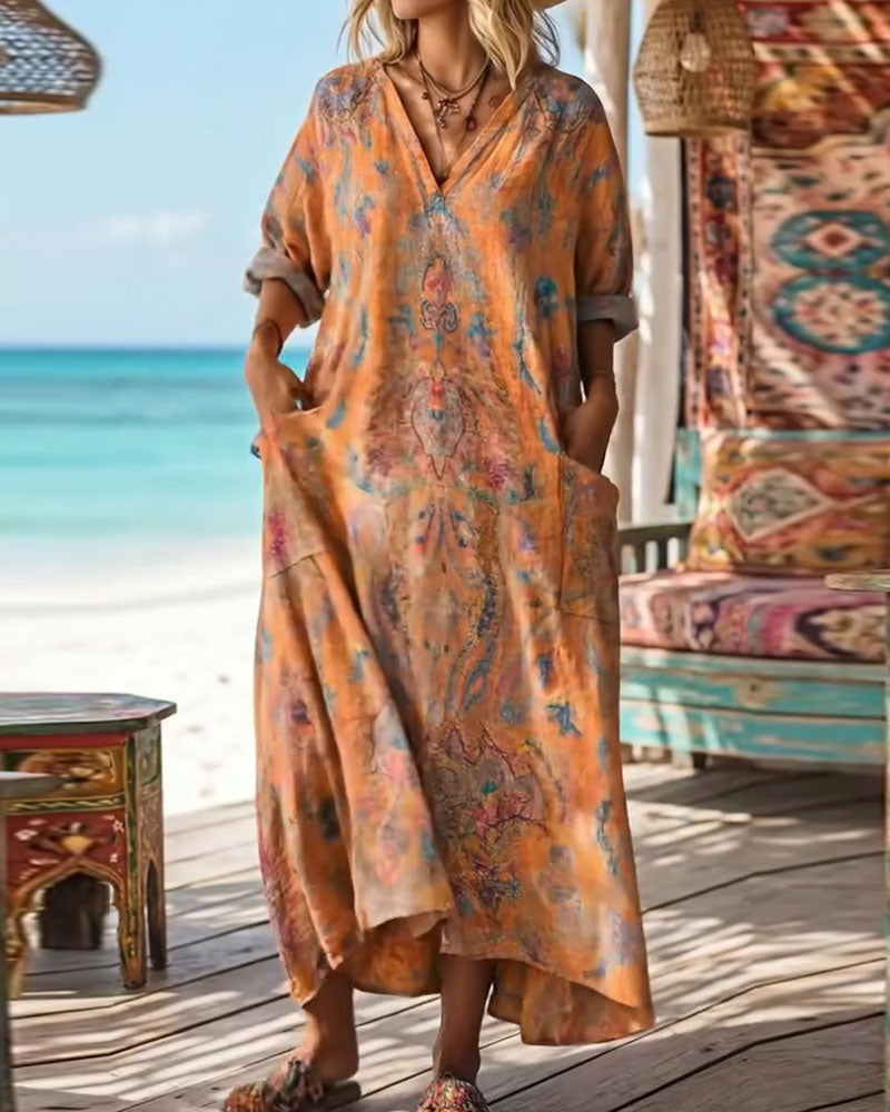 Robe Rétro Imprimé Fleuri Col V Maxi