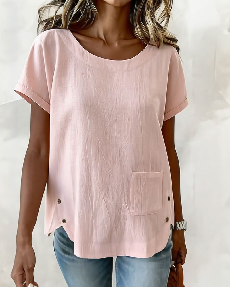 T-Shirt Coton Lin Bouton Détail Manche Courte