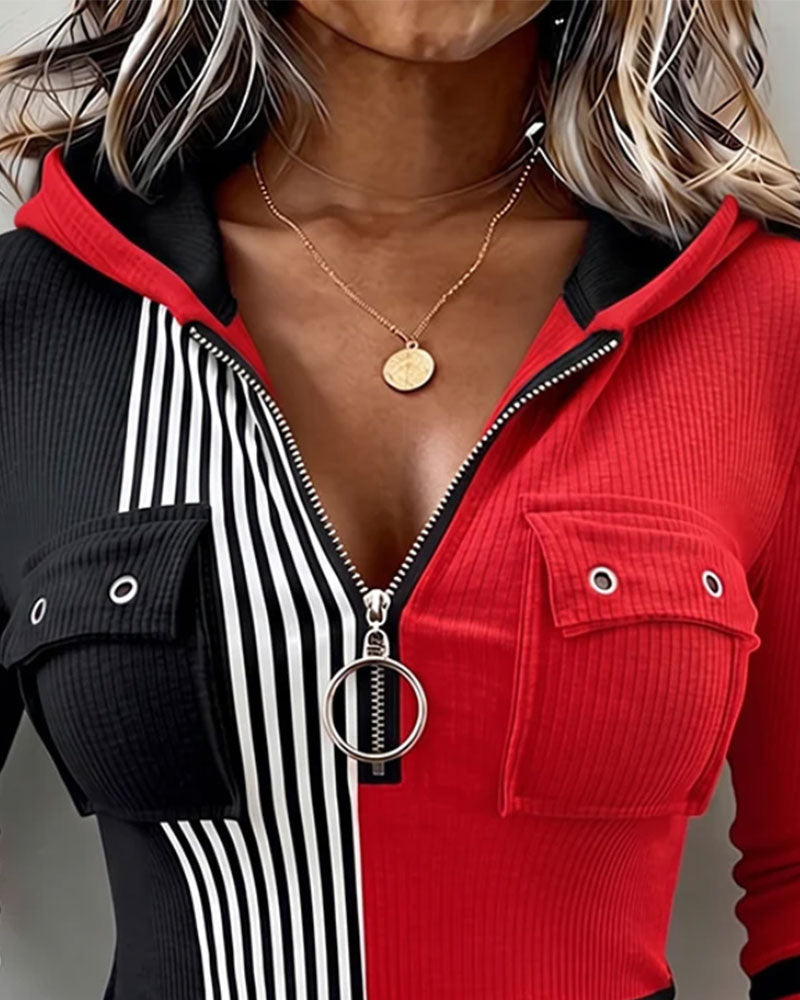 Haut Bloc De Couleur Rayure Verticale Demi Fermeture Éclair Capuche