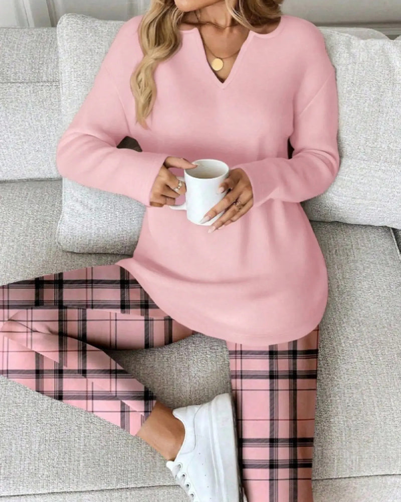 Ensemble Col V Haut Unie + Pantalon Carreau Loungewear