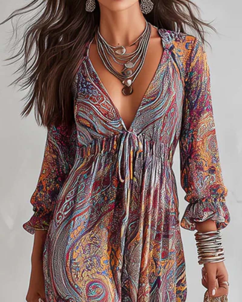 Robe Col En V Froncée Manches Ballon Jupe Ample