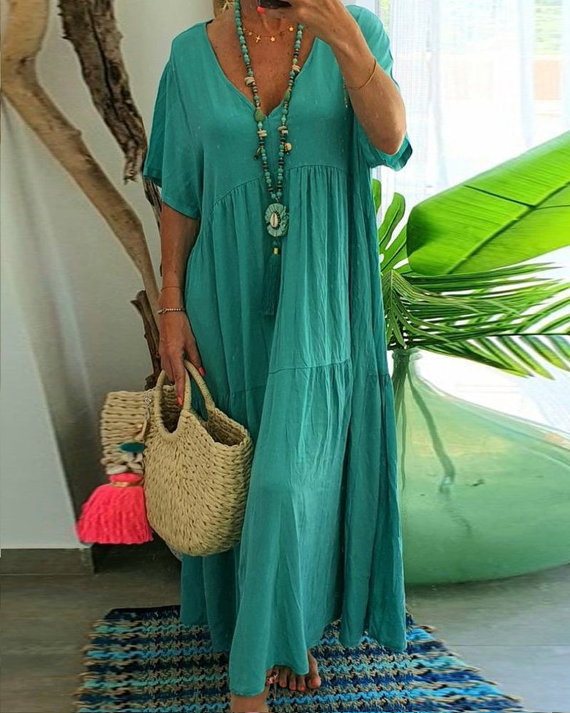 Robe Col V Manche Courte Décontractée