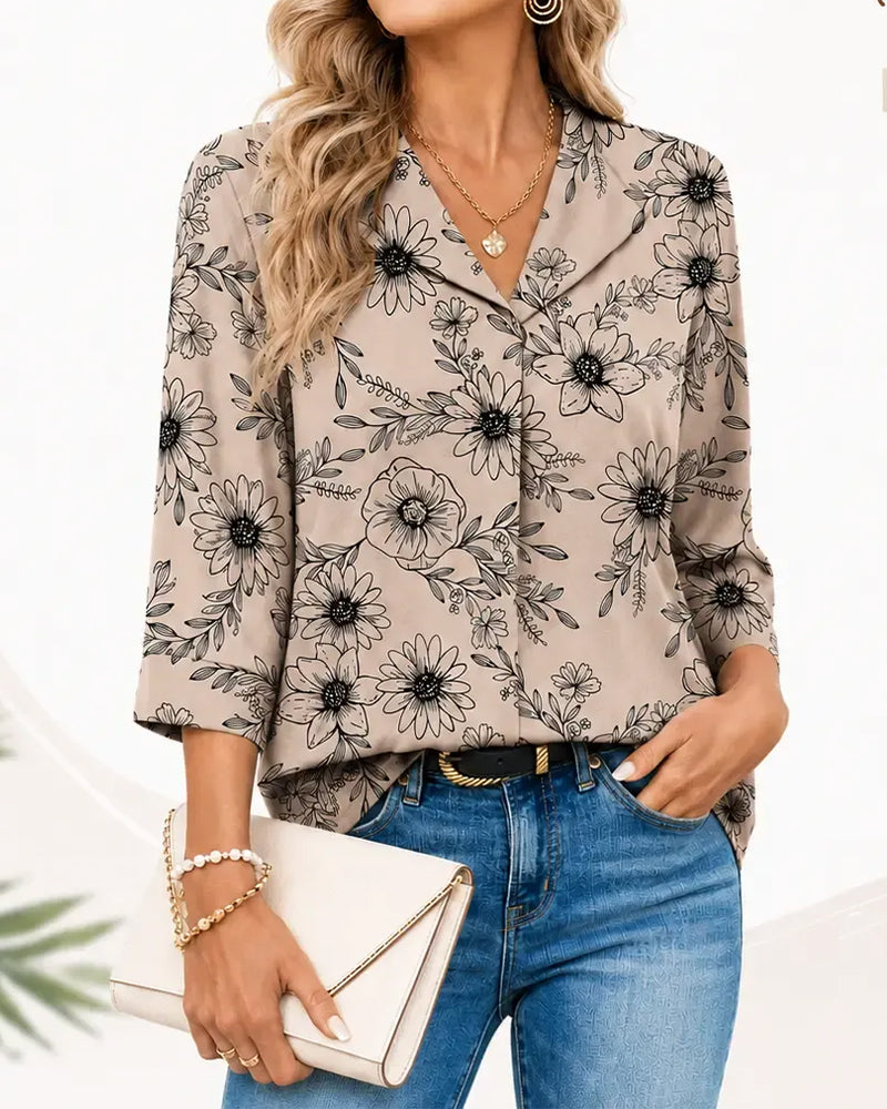 Blouse Encre Lavage Florale Trois Quarts Revers