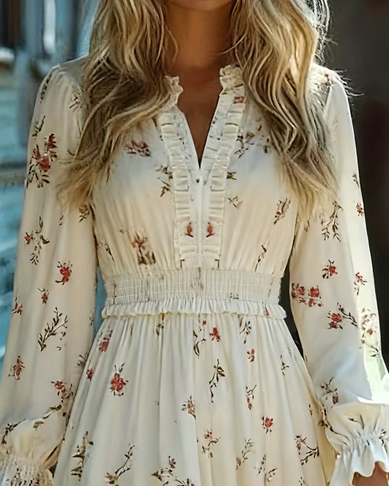 Robe Élégante Manches Longues Fleurie