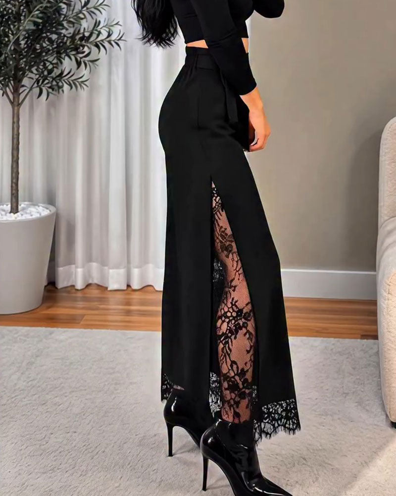 Pantalon Taille Haute Dentelle Patchwork