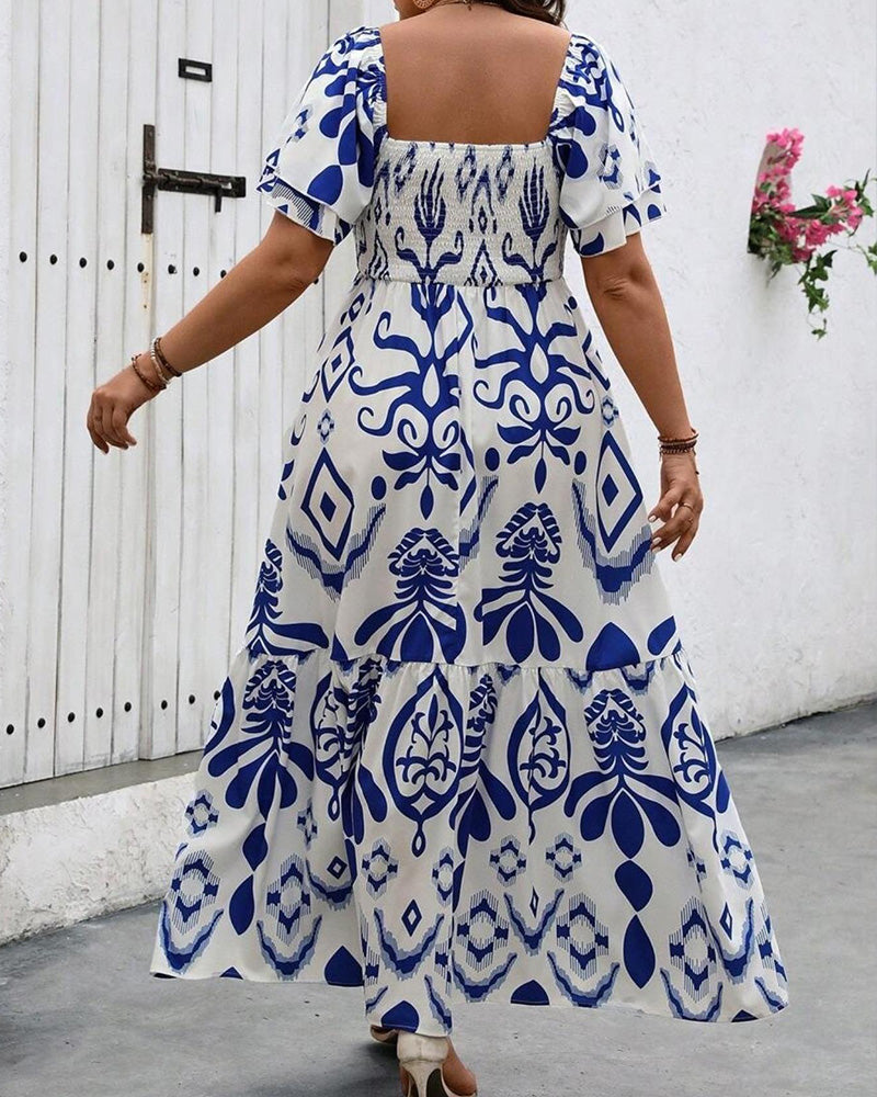 Robe Bleu Porcelaine Col Carré Imprimé Maxi
