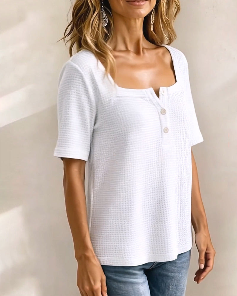 T-Shirt Col Carré Bouton Gaufré