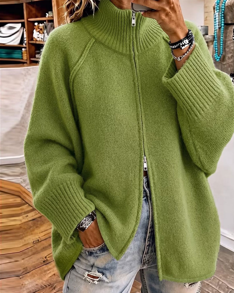 Cardigan Col Montant Fermeture Éclair Uni