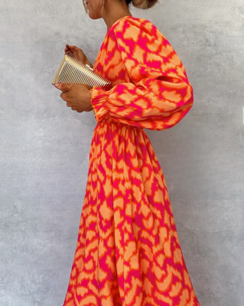 Robe élégante à manches bouffantes et fente boutonnée avec col imprimé