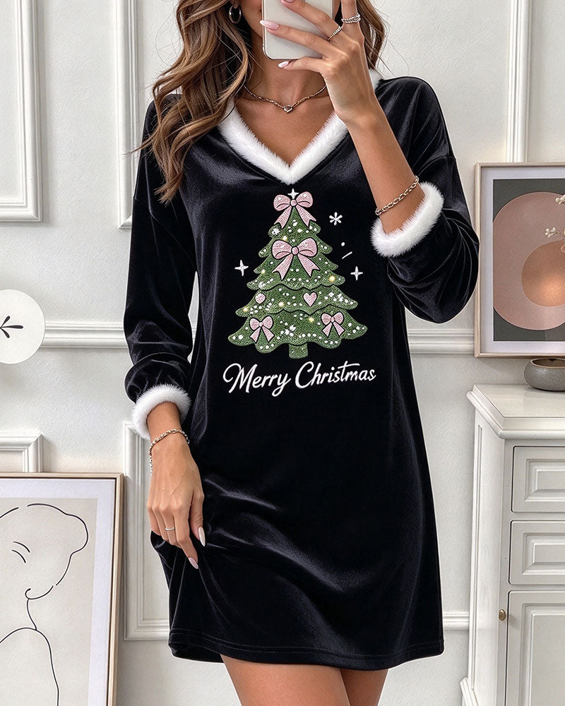 Robe Col V Fourrure Col Sapin De Noël Manche Longue