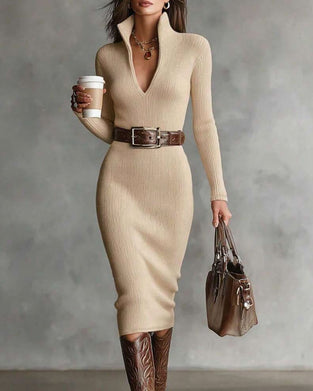Robe Pull Col Roulé Semi-Ouvert Côtelé Bodycon