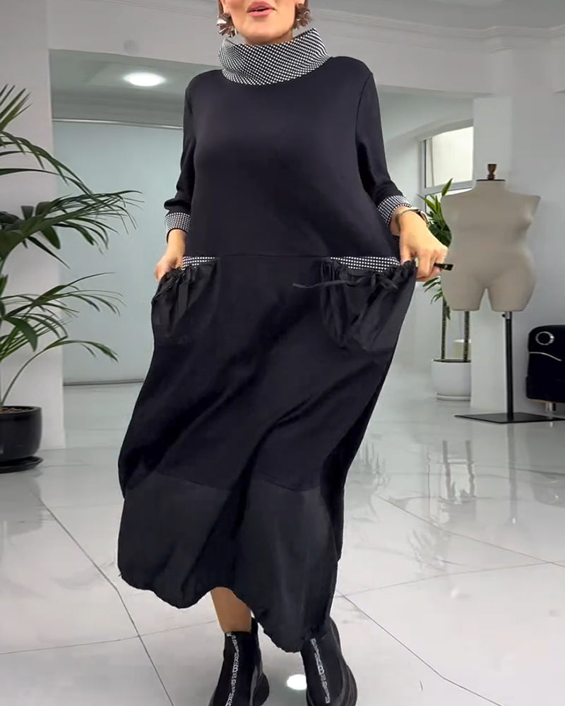 Robe patchwork à carreaux décontractée avec col montant et poche