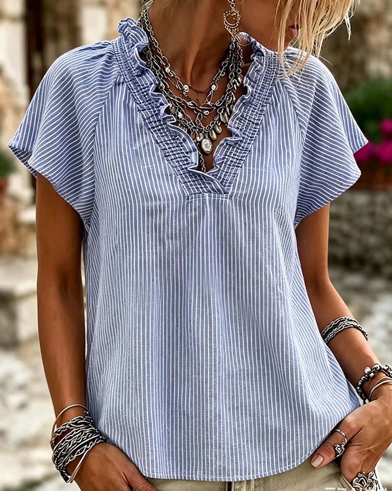Blouse Col V Rayure Volant
