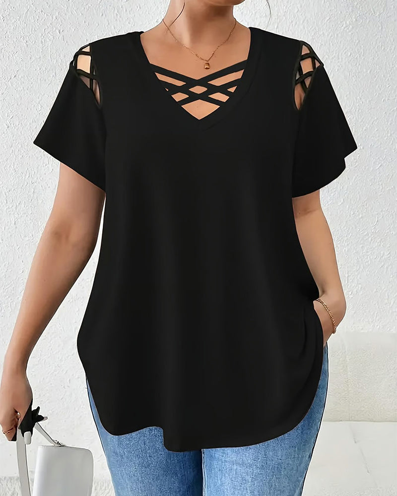 T-Shirt Unie Manches Courtes Bretelle Croisée