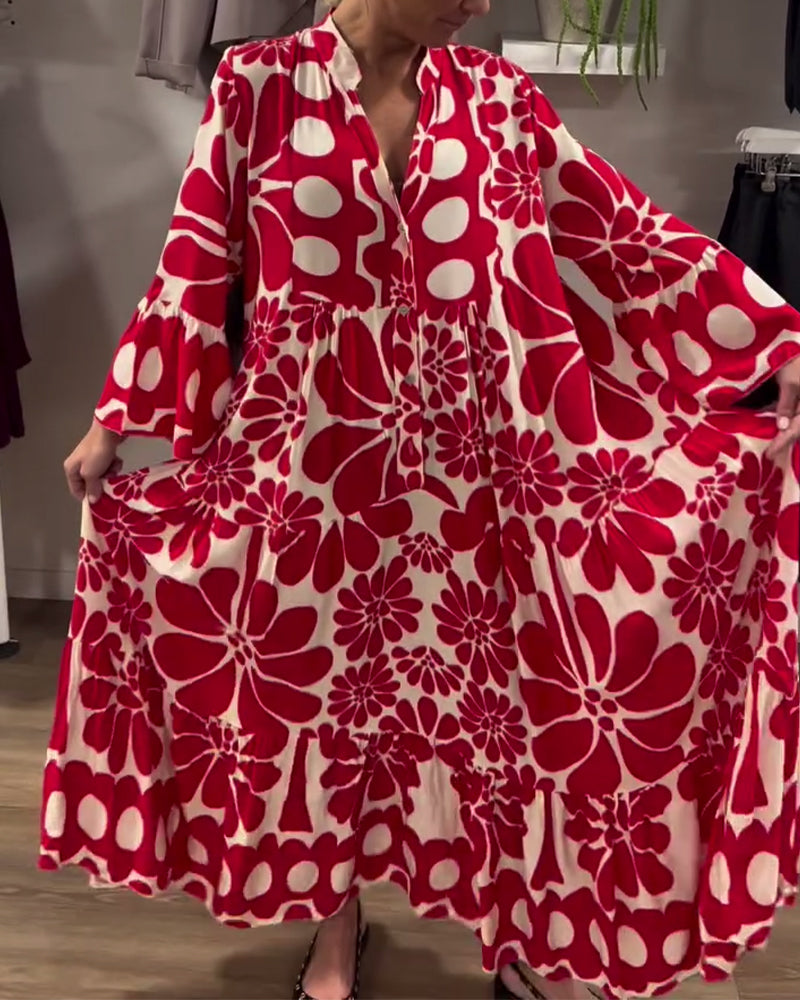 Robe Col V Loose Plus Size Floral Print