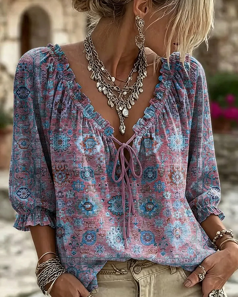 Blouse Col V Attache Vintage Imprimé