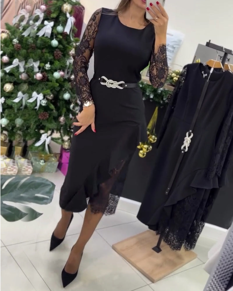 Robe Dentelle Insérée Cintrée Ourlet Lotus Queue De Poisson