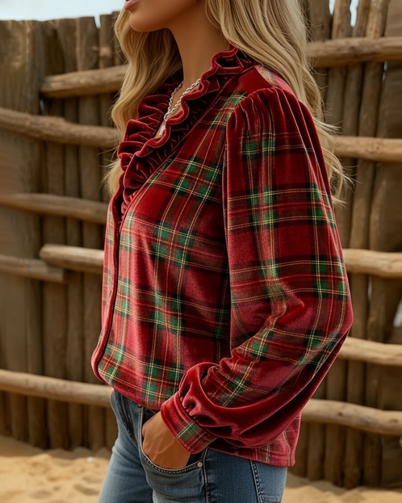 Top Avec Détails En Volants, Design à Col V Et Tissu En Velours