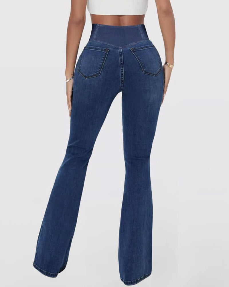 Pantalon Haute Élasticité Mode Poche Évasé