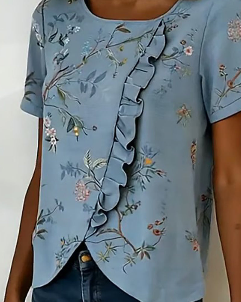 Blouse Col Rond Manches Courtes Volantée Florale