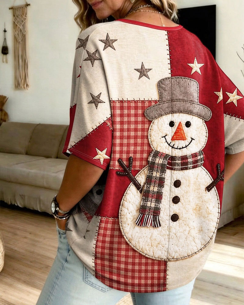 T-Shirt Noël Bonhomme De Neige Imprimé Col En V Demi-Manche