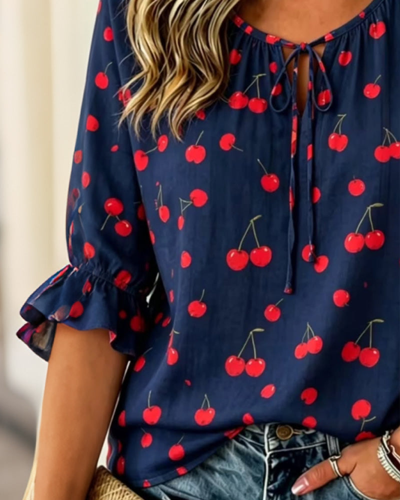 Blouse Imprimé Cerise Attache 3/4 Manche