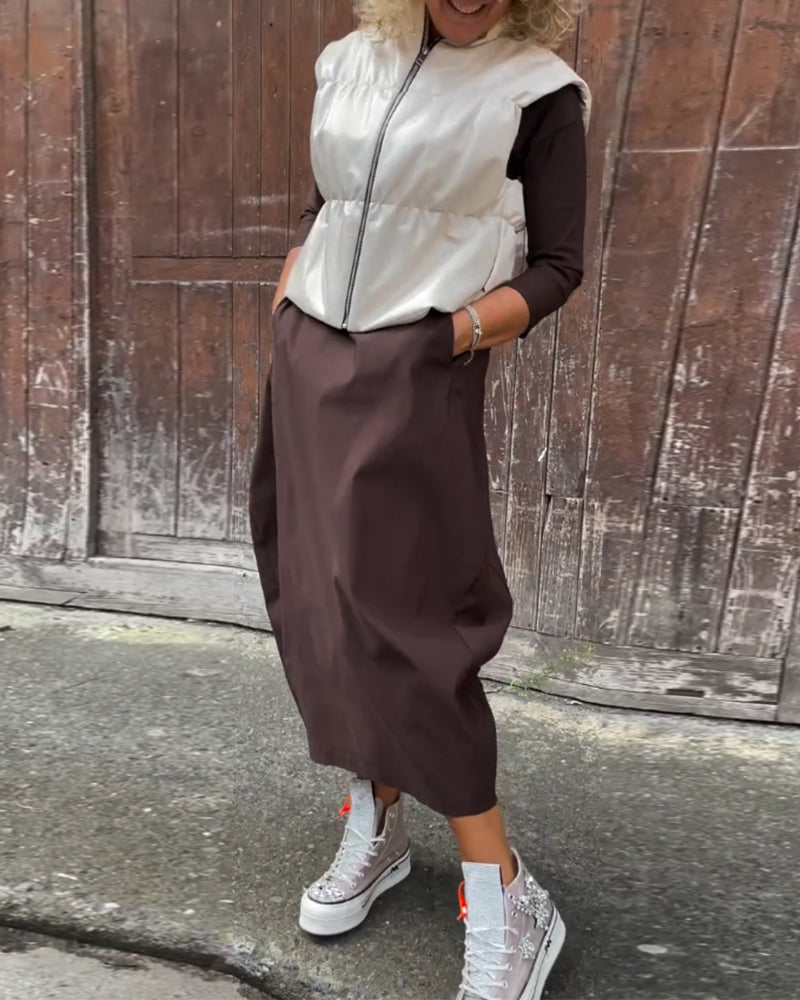 Robe élégante simple à manches longues avec poche de couleur unie